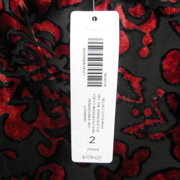 Chico's Off Shoulder Velvet Burnout Top Sz 2 NWT - Picture 7 of 9